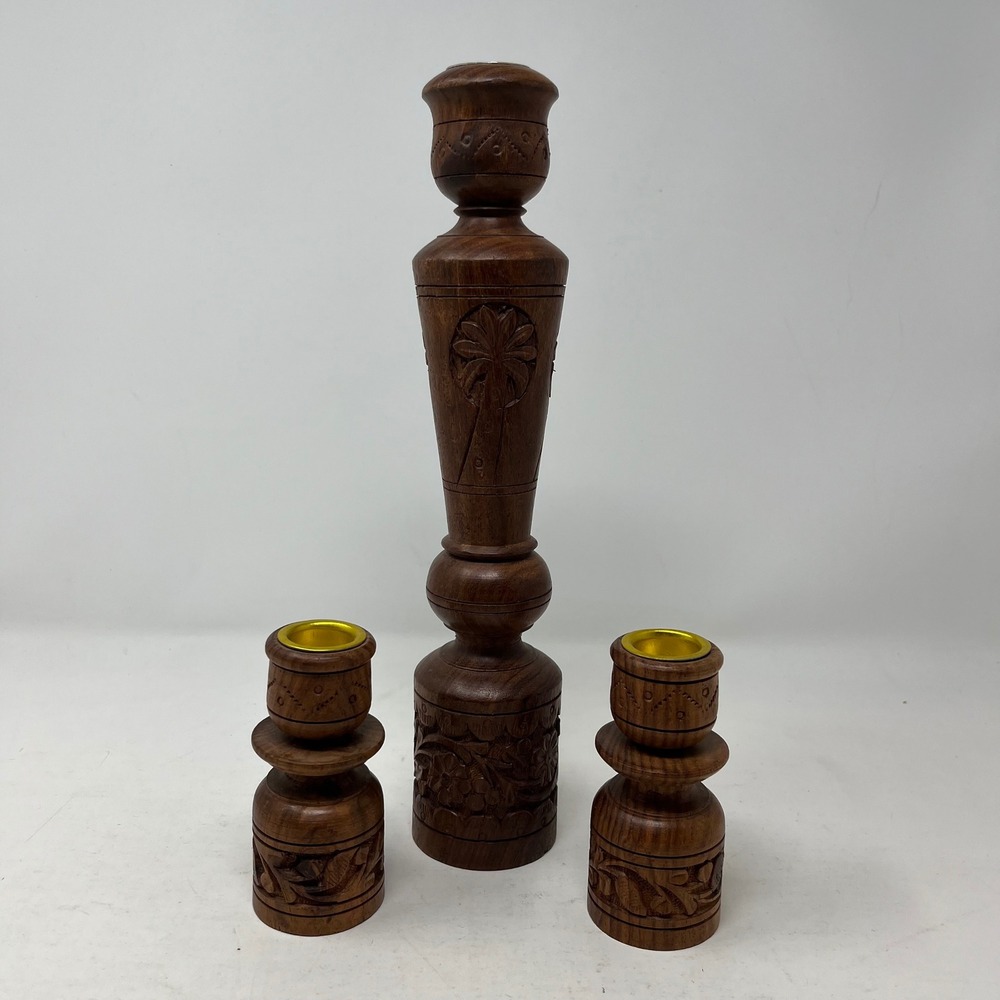 Busch Gardens Hand Carved Wood Candle Holder‎ Set 3pc Tropical Palm Tree Floral